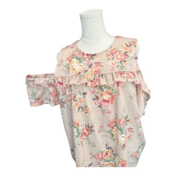 ๐ EUC AMELIA JAMES Womenโs Pink Yellow Green Floral Cold Shoulder Top | Size L - Picture 2 of 9